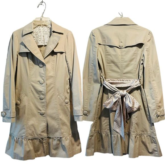 VTG Designer Women’s Mid Long Trench Coat Belted Jacket Overcoat Slim Fit Tan S - Picture 1 of 13